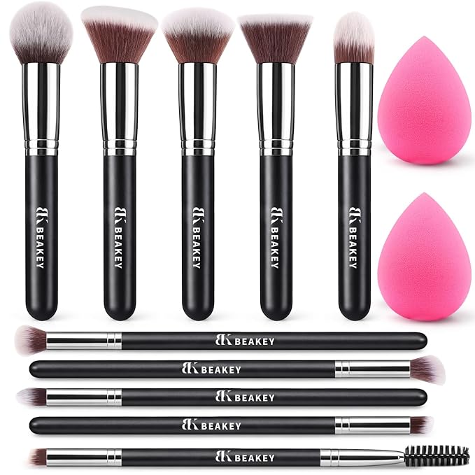 BEAKEY Makeup Brushes set with 2 Blending Sponges10 Brush Face and Eye