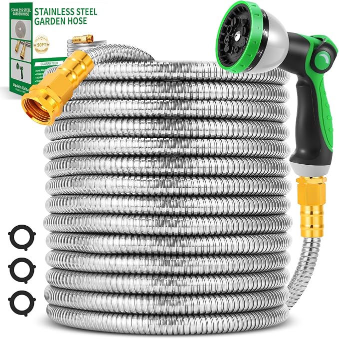 Garden Hose 50FT Stainless Steel Metal Water Hose with 10-Function Noz