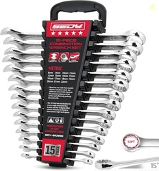 15-Piece Metric Combination Wrench Set, 822mm 12-Point Open End and Bo