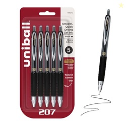 uniball 207 Gel Pens, Black Ink, 0.5mm Micro Point, Retractable, 5 Cou