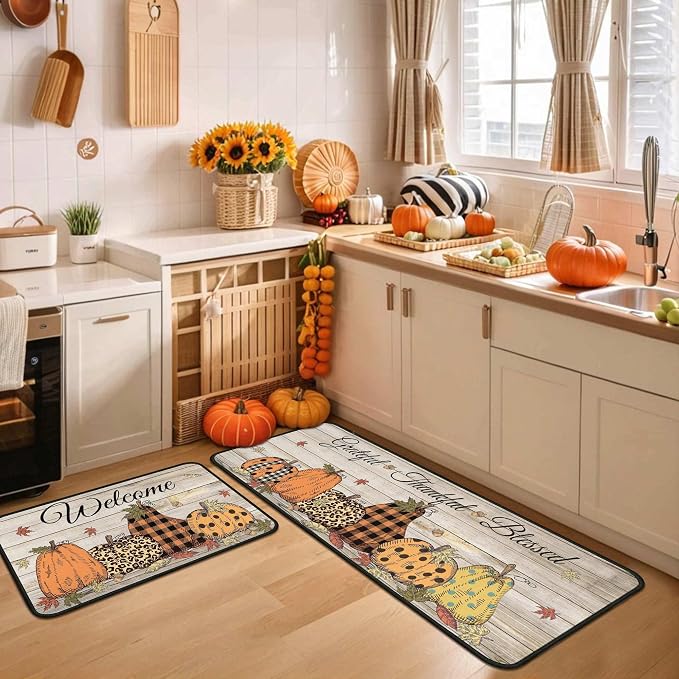 Buffalo Plaid Pumpkin Welcome Fall Kitchen Rugs Set of 2 Maple Leaves 