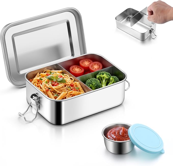E-far Stainless Steel Lunch Box for Kids - 3 Compartments 28oz/850ml