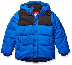 Amazon Essentials Boys' Heavyweight Hooded Puffer Jacket, Black Cobalt