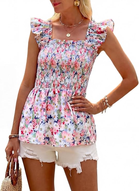 Womens Puff Short Sleeve Babydoll Tops Floral Summer Peplum Blouse Smo