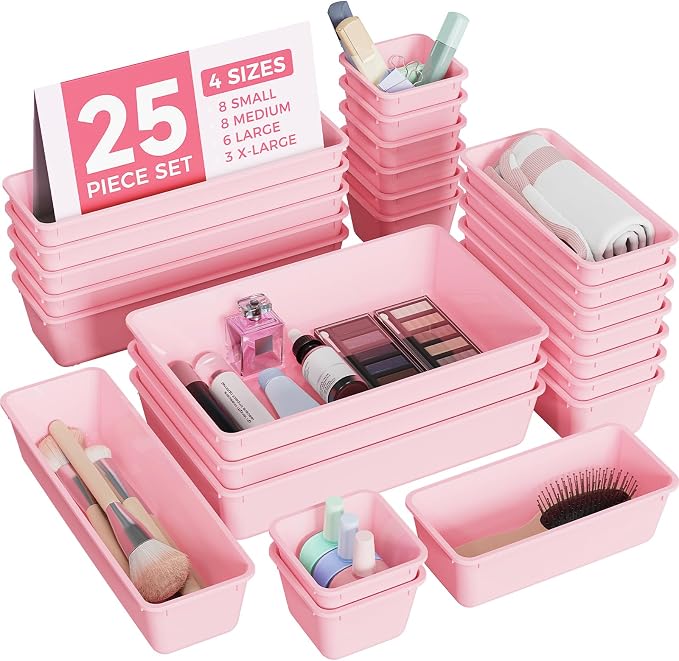 BiuLeon 25 PCS Plastic Drawer Organizers Set 4-Sizes Vanity and Makeup