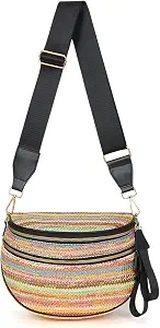 Straw Crossbody Bag Bum Bag for Women Summer Rainbow Striped Waist Bag