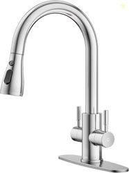 Hurran Kitchen Sink Faucet with Pull Down Sprayer, Brushed Nickel 2 Ha