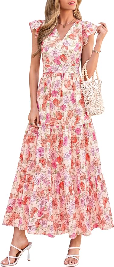 PRETTYGARDEN Women's Floral Maxi Dresses Summer Casual Wrap V Neck Ruf