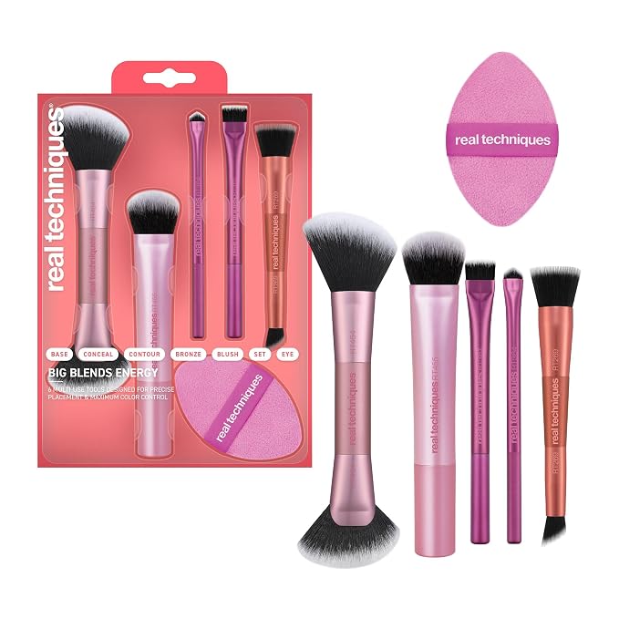 Real Techniques Big Blends Energy Brush + Dual-Sided Puff Kit 6-Piece 