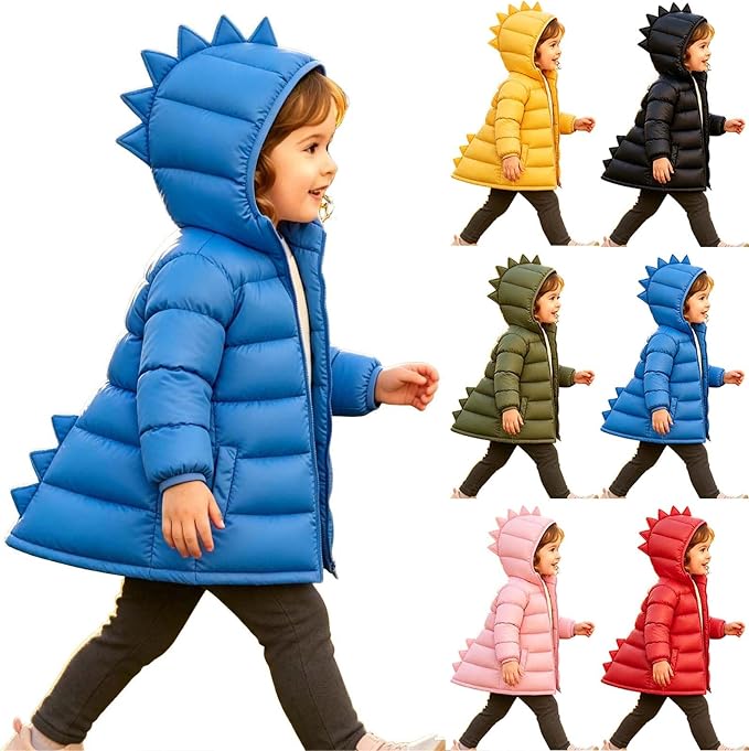 Girls Puffer Jacket Hooded Kids Cute Dinosaur Winter Warm Outerwear Co