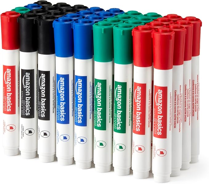 Amazon Basics Low-Odor Dry Erase Whiteboard Markers Chisel Tip, Quick-