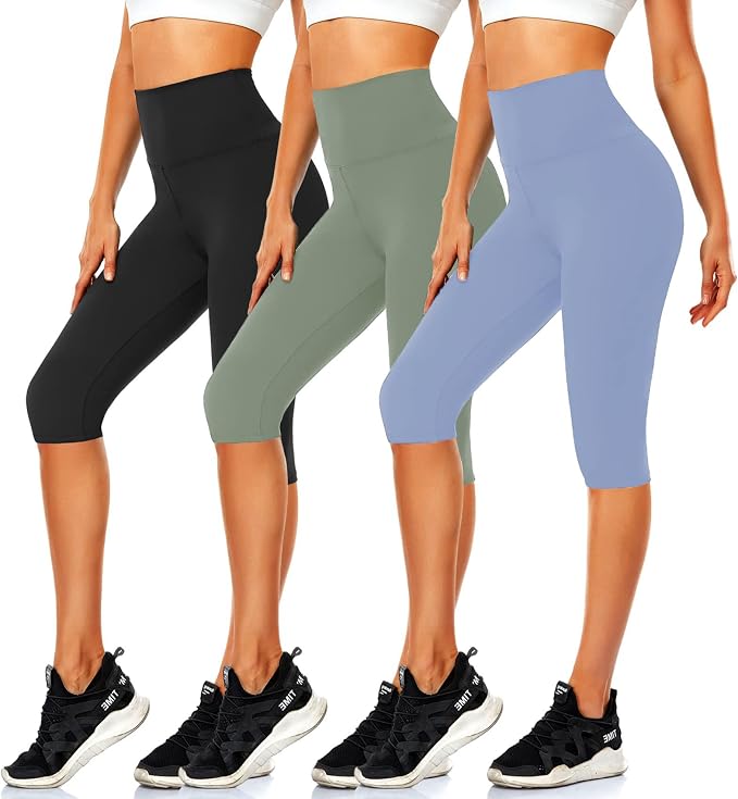 CTHH 3 Pack Capri Pants with Pockets - High Waisted Knee Length Yoga L