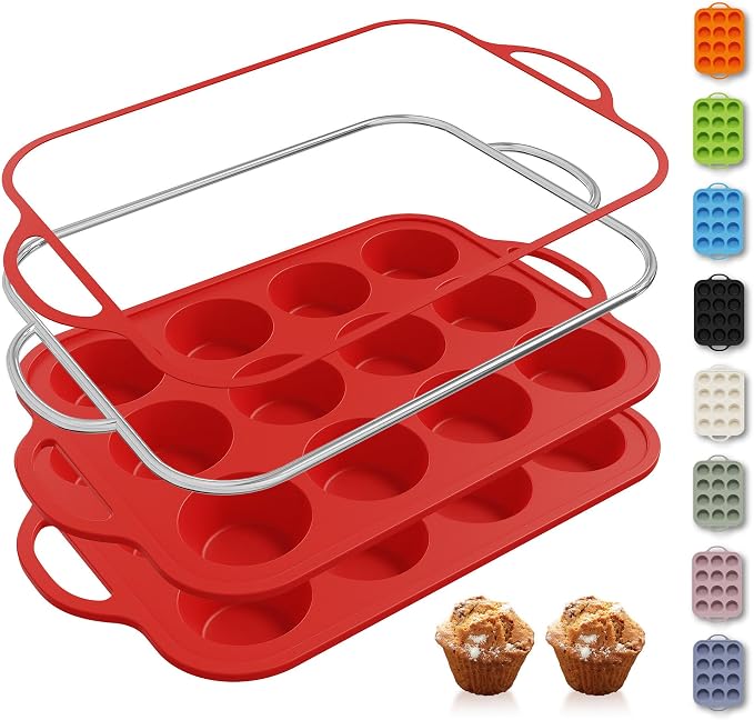2 Packs 12 Cups Silicone Muffin Pan for Baking with Metal Reinforced F