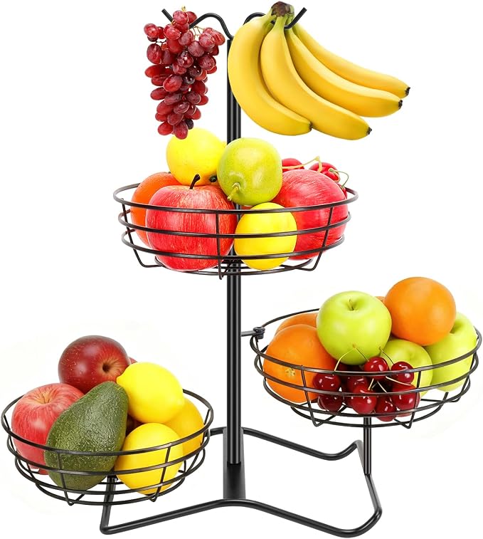 3 Tier Fruit Basket Bowl with 2 Banana Hooks Solid Metal Standing Vege