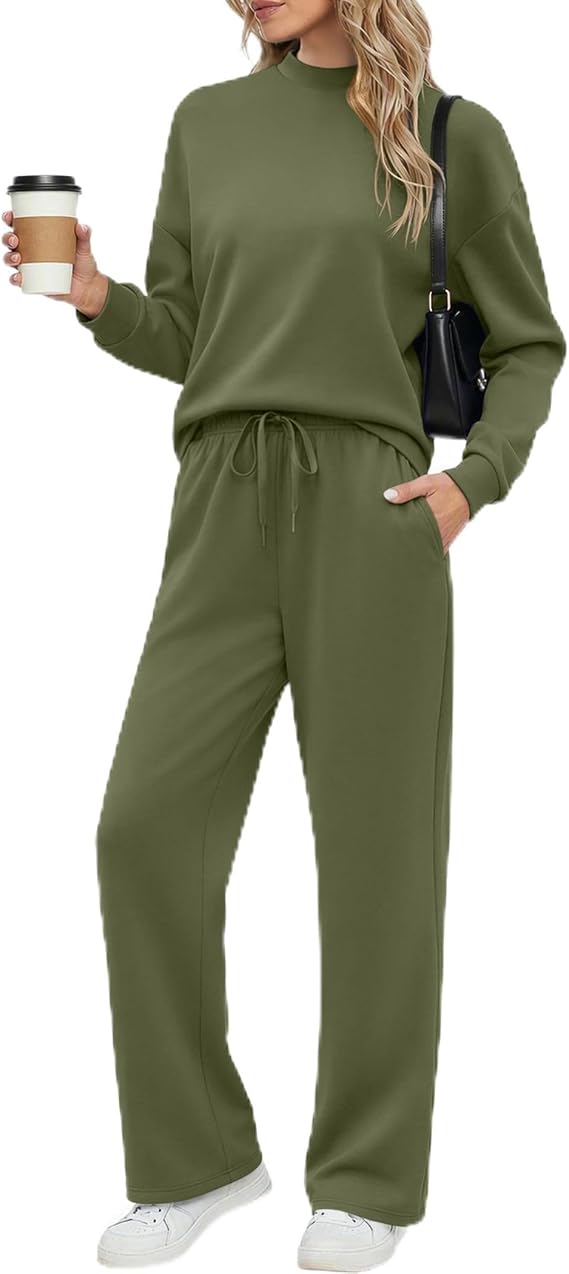 Ekouaer Two Piece Sets for Women Mock Neck Lounge Sets with Wide Leg P