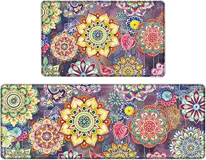 Boho Red Floral Kitchen Rugs Mats for Floor 2 Piece Memory Foam Padded