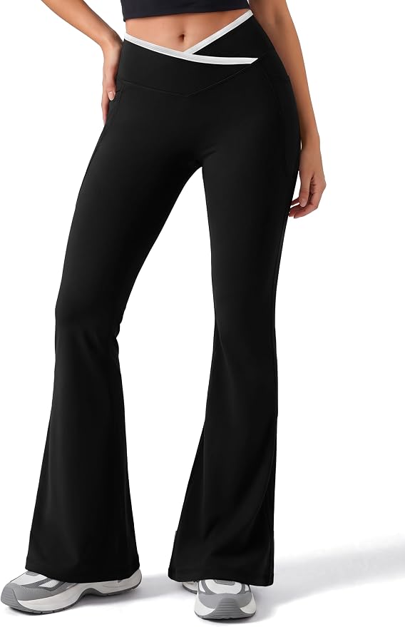 Womens Pants Flare Leggings Yoga Casual Wide Leg with Pockets