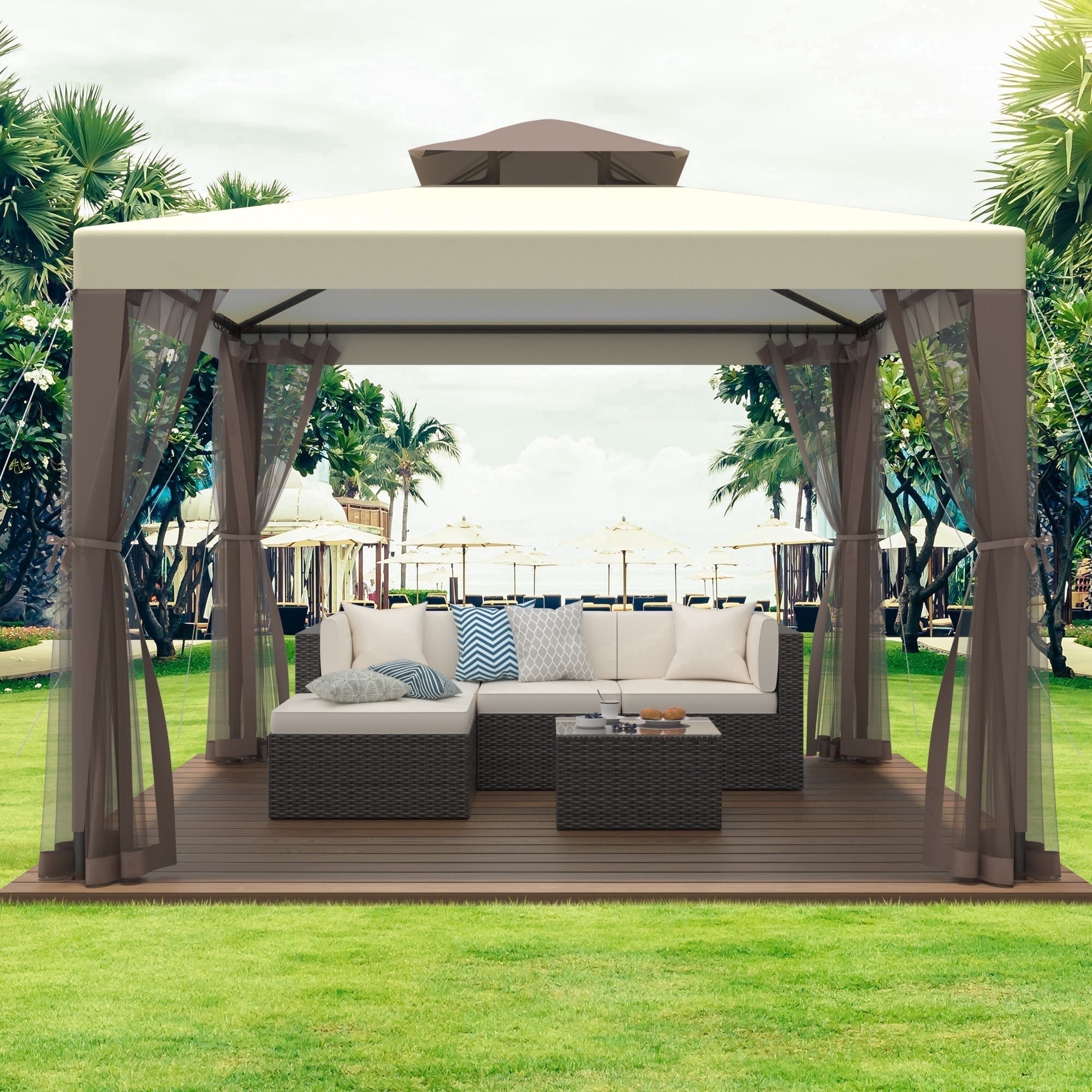 10'x10' Gazebo Outdoor Canopy Tent with Curtains and Shelter for Patio