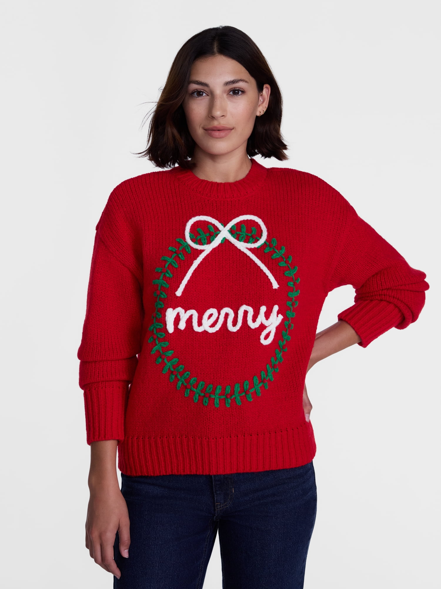 Holiday Time Womens and Women's Plus Christmas Wreath Sweater Midweigh