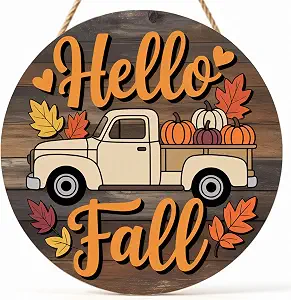 Hello Fall Truck Wood Round Hanging Sign Fall Decorations for Home Doo