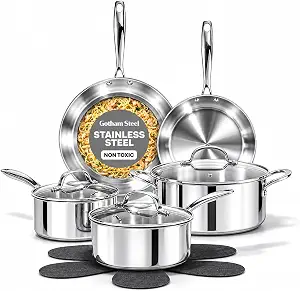 Gotham Steel 10 Pcs Tri Ply Stainless Steel Cookware Set Pots and Pans