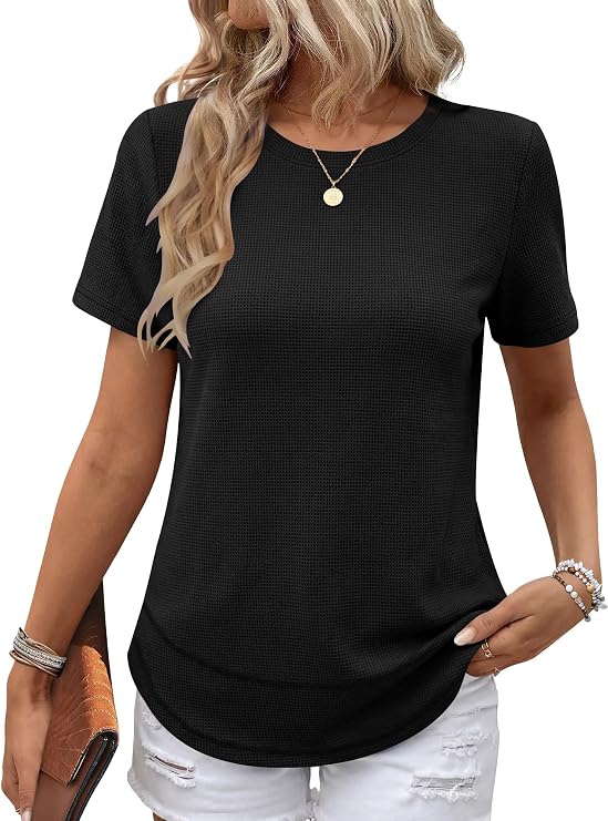 ANRABESS Womens Waffle Knit Tops Short Sleeve Crewneck Shirts Curved H