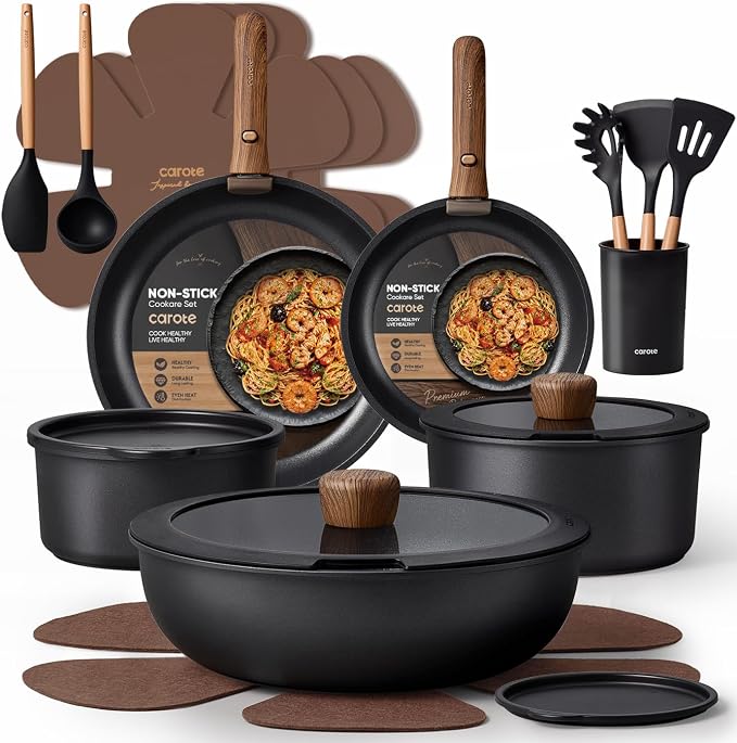 CAROTE 21pcs Pots and Pans Set Non Stick Detachable Handle Cookware, B