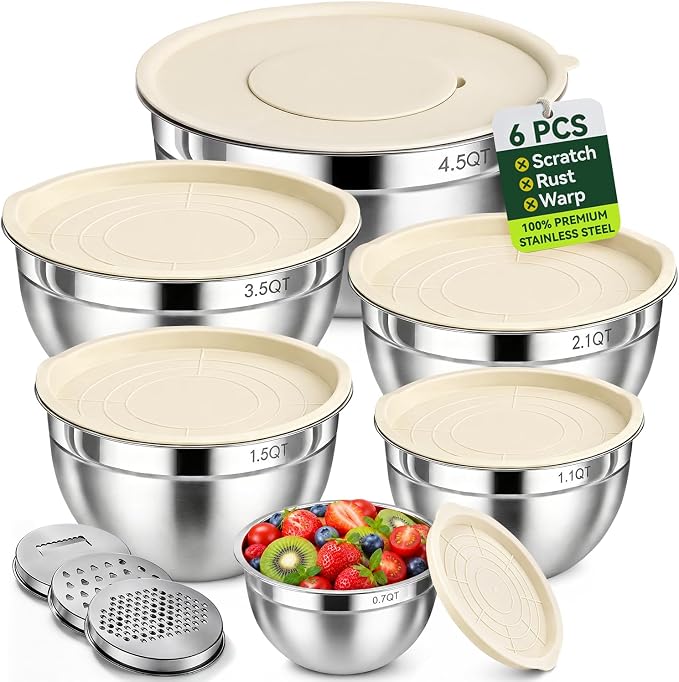 Stainless Steel Mixing Bowls: 6-Piece Prep & Storage Set with Lids