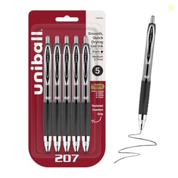 uniball 207 Gel Pens, Black Ink, 0.7mm Medium Point, Retractable, 5 Co