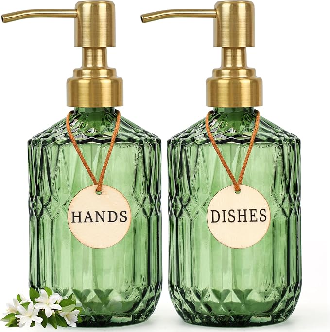Green Glass Soap Dispenser (15.4 Oz 2 Pack), Kitchen Hand and Dish Soa