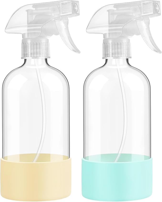 16oz 2Pack Glass Spray Bottles with Silicone Sleeve Pale Yellow&Mint G