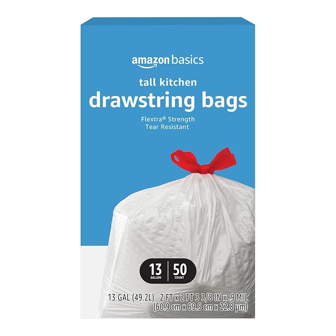 Amazon Basics Flextra Tall Kitchen Drawstring Trash Bags 13 Gallon, 50