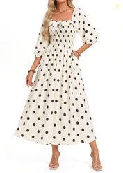 White Polka Dot Dress for Women 3/4 Sleeve Maxi Maternity Dress with P