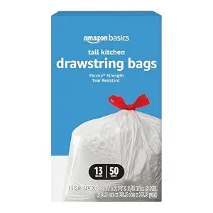 Amazon Basics Flextra Tall Kitchen Drawstring Trash Bags 13 Gallon, 50