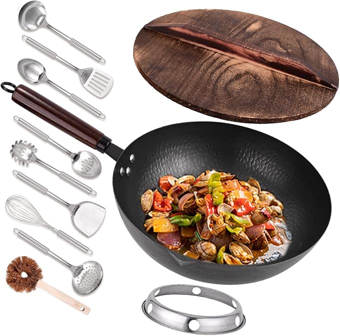 Leidawn 12.8 Carbon Steel Wok11 Pcs Woks & Stir Fry Pans Wok Pan with 