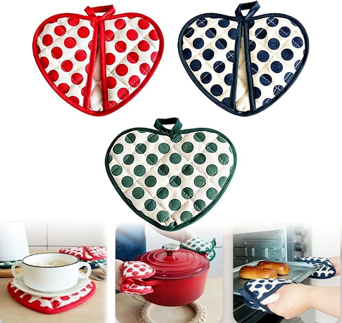3PCS Heart Shape Heat Resistant Baking GlovesOven Mitts with Hanging L