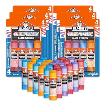 Elmers Color 'n Glitz Glue Sticks Washable, Assorted Colors, 24 Count 