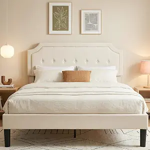 VECELO Queen Size Bed Frame with Fabric Upholstered Headboard Platform