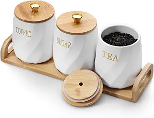 3 Pack Ceramic Canister Set with Bamboo Lids and Tray for Coffee Tea S