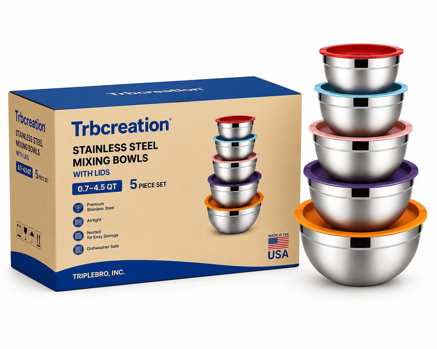 TRBCREATION Mixing Bowls with Lids Set of 5 Stainless Steel Nesting Bo