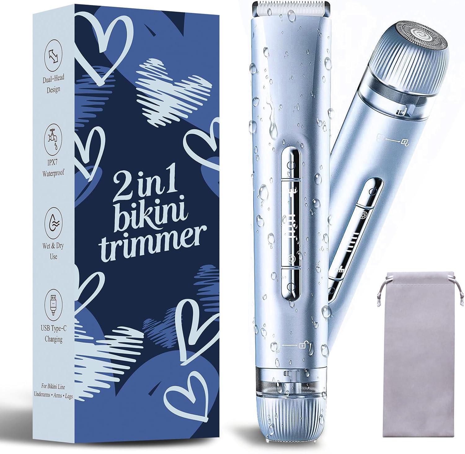 Bikini Trimmer for Women 2-in-1 Waterproof Electric ShaverIce Blue