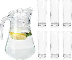 7-Pcs/Set Glass Pitcher with 6 Glasses Tumbler Cups Lid Water Carafe J