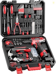 PULITUO 149-Piece Home Drill Set with Red 12V Cordless Drill, Hand Too