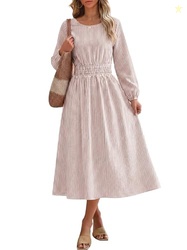 ANRABESS Women's Long Sleeve Striped Fall Midi Dress,Light Brown Strip