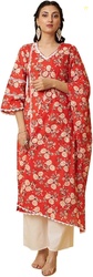 Tissu Women's Orange Floral Printed Pure Cotton Lace Work Kurta & Pala