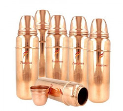 Frabjous set of 6 Handmade Copper Thermos Design water Bottle with Lid Volume 900 ML for Health Benefits Yoga, Ayurveda