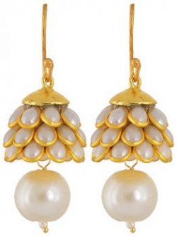 Rajasthani Traditions Gold White Toned Stone Studded Pearl Jhumki Earrings For Women & Girls