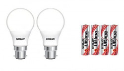 Eveready Base B22D 7-Watt LED Bulb (Pack of 2, Cool Day Light) with Free 4 AAA Alkaline Batteries
