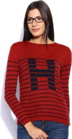 Harvard Striped Round Neck Casual Women Red Sweater