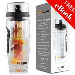 InstaCuppa Fruit Infuser Water Bottle 1000ml Includes Weight Loss & Detox Recipes Digital eBook Made From Impact Resistant Tritan